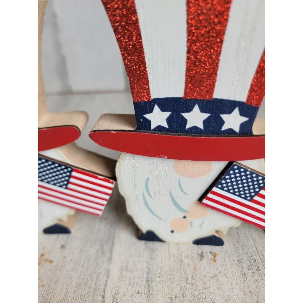 Wooden 4th of‎ July gnome glitter USA set figure decor flag
